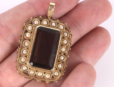 14K YELLOW GOLD BROWN TOPAZ PEARL LADIES BROOCH