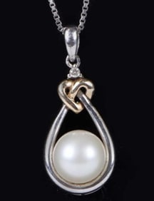 14K GOLD & 0.925 SILVER PEARL DIAMOND NECKLACE