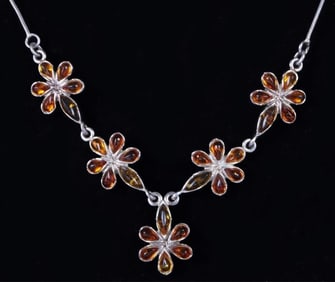 STERLING SILVER FLORAL AMBER LADIES NECKLACE