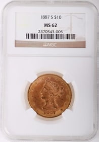 1887 S LIBERTY HEAD 90% GOLD MS62 $10 COIN
