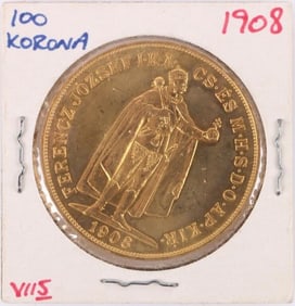 1908 HUNGARY GOLD 100 KORONA (BU) COIN