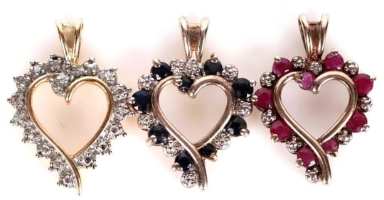 STERLING SILVER ASSORTED GEM HEART PENDANTS - (3)
