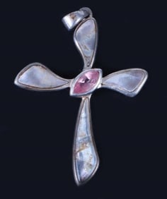 STERLING SILVER PINK SAPPHIRE OPAL CROSS PENDANT