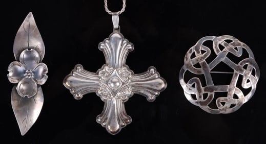 STERLING SILVER NECKLACE & BROOCHES - LOT OF 3