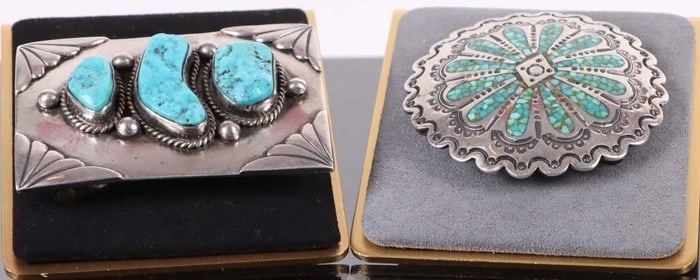 STERLING SILVER NAVAJO SIGNED TURQUOISE BUCKLES