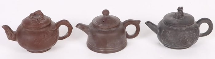 VINTAGE CARVED CHINESE CLAY TEAPOT SET - (3)