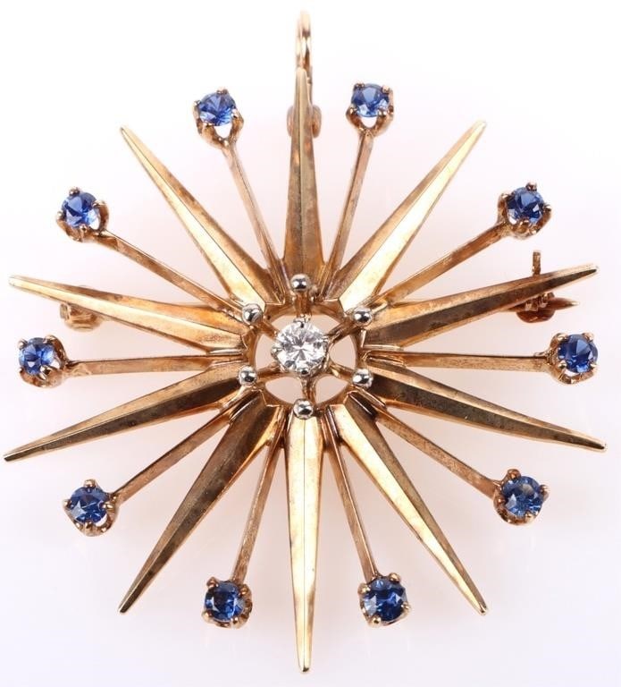 ANTIQUE 14K GOLD DIAMOND SAPPHIRE SUNBURST PENDANT (1 of 5)
