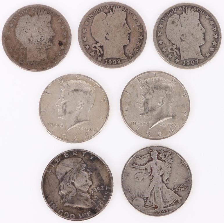 90% SILVER ASSORTED HALF DOLLARS - LOT OF 8 (1 of 2)
