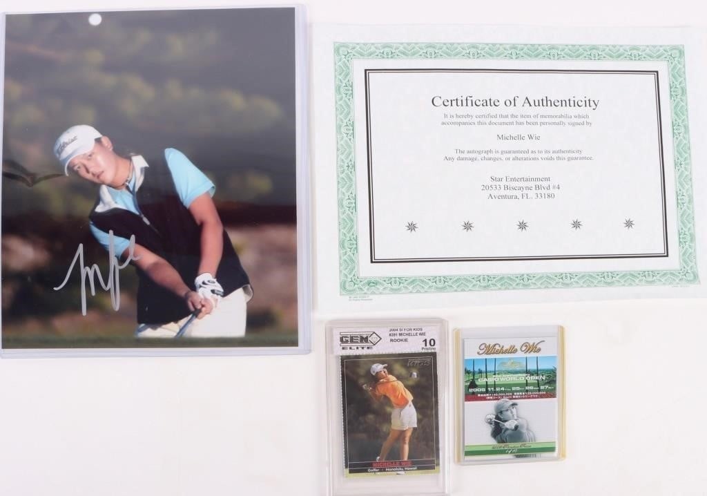 MICHELLE WIE AUTOGRAPHED PHOTO W/ COA & CARDS: Michelle Wie autographed photo with two certificates of authenticity, one 2004 SI for kids #391 Michelle Wie Rookie graded 10, and one Michelle Wie 2005 Primetime Promo 1 of 10 card.Condition: Mint. S