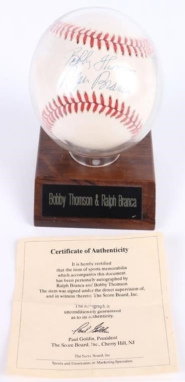THOMSON & BRANCA AUTOGRAPHED BASEBALL W/ COA (1 of 4)