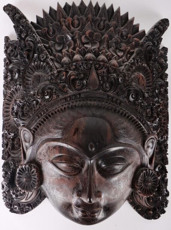 ANTIQUE BALINESE HAND-CARVED WOODEN MASK: Antique Balinese hand-carved wooden mask. This mask has beautiful cultural designs and handy-work. Size: 11" Length Condition: Very fine.