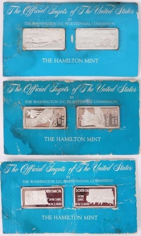 FINE SILVER HAMILTON MINT U.S 1 TROY OZ BULLION(6): Fine silver Hamilton Mint U.S. 1 Troy oz bullion to include states 31, 32, 39, 40, 49, and 50 ( California, Minnesota, North & South Dakota, Alaska & Hawaii) fine silver bullion in their original pack