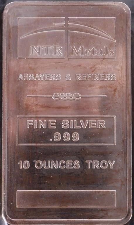 10 TROY OUNCE FINE SILVER BAR NTR METALS: 10 Troy Ounce fine silver bar NTR Metals. Weight: 311.04 Grams Condition: Very fine.