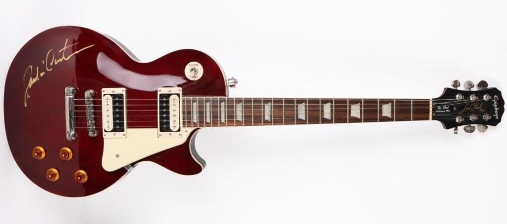 SIGNED PAUL MCCCARTNEY EPIPHONE LES PAUL PRO-IV: Signed Paul McCartney Epiphone Les Paul Traditional Pro-IV Wine Red 6-String Electric Guitar to include a black hard case. The signature is not professionally authenticated.Size: 13.50" X 39.50"Condit
