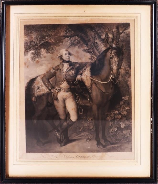 18TH C. ENGLISH MEZZOTINT OF GEORGE III J.R. SMITH: 18th C. English Mezzotint of George III J.R. Smith framed. Originally painted by Thomas Gainsborough and later engraved by John Raphael Smith (Derby 1752 - Worcester 1812) printed on April 28, 1783 on