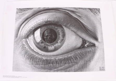 VINTAGE M.C. ESCHER 'EYE' ARTIST'S PRINT: Vintage M. C. Escher (1898-1972, Dutch) drawing hands print. Dutch graphic artist who made woodcuts, lithographs, and mezzotints, many of which were inspired by mathematics. Despite wide popular inter
