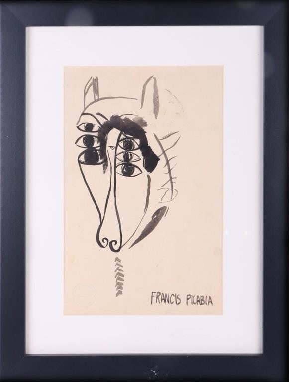 FRANCIS PICABIA ORIGINAL ARTWORK IN THE MANNER OF: Francis Picabia (1879-1953, French) original artwork in the manner of. This inked painting is made by an unknown artist in the style of Picabia. Francis Picabia was a French avant-garde painter, write