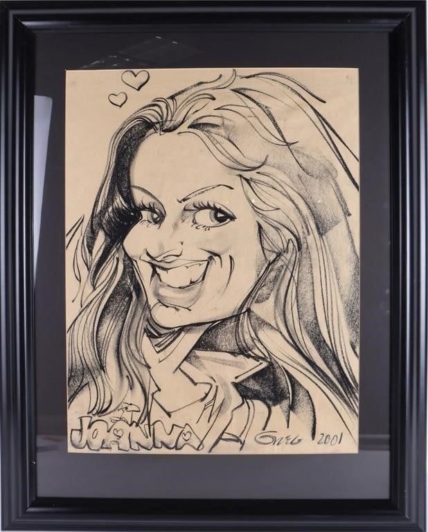 GREG DOLAN ORIGINAL CARICATURE ARTIST WORK: Greg Dolan original caricature charcoal artwork. Artwork is titled "Joanna." We believe this piece to be an authentic original and not done in the manner of. Does not include a certificate of authenti