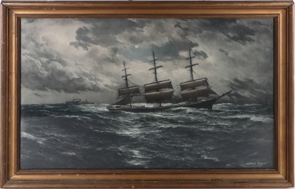 1909 SHIPS NIGHT H. SCHARS-ALQUIST LITHOGRAPH: 1909 "Ships That Pass In The Night" H. Schars-Alquist lithograph framed recreated by Ludwig Moller. Size: 31.25" X 21.25" Condition: Wear commensurate with age.