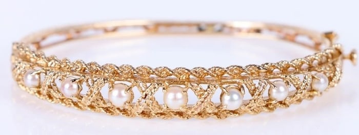 14K YELLOW GOLD PEARL HINGED LADIES CUFF BRACELET