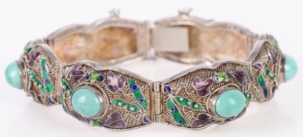 VINTAGE STERLING TURQUOISE ENAMELED BRACELET