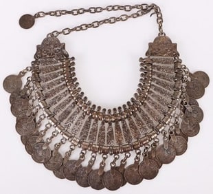 LARGE SILVER TONE TURKISH COIN NECKLACE