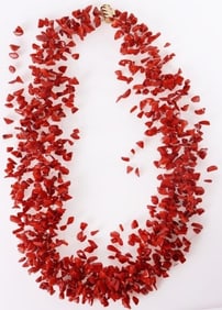 14K YELLOW GOLD-CLASPED RED CORAL CHIP NECKLACE