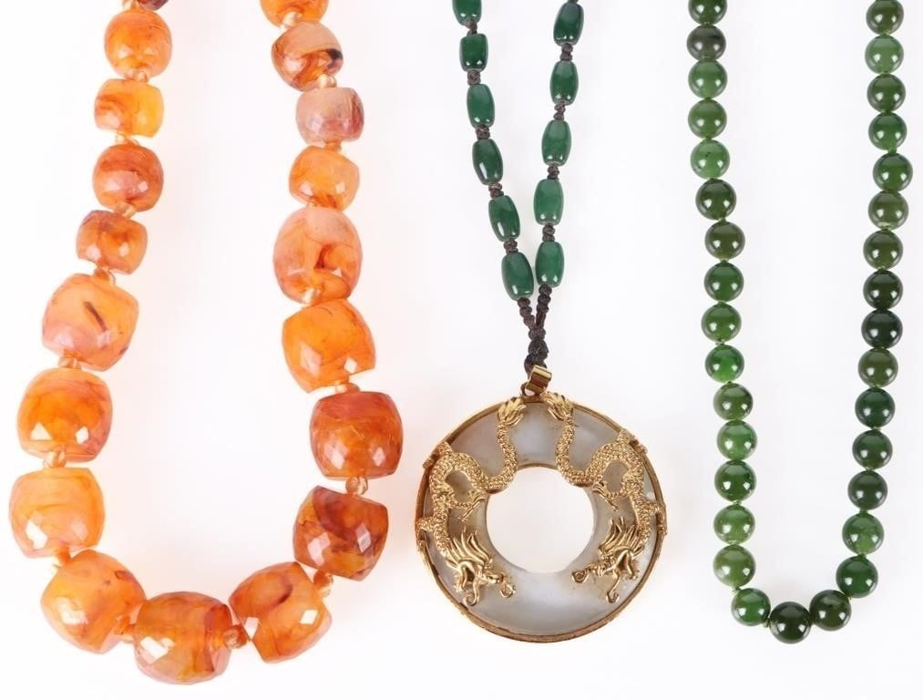 ASIAN JADE & GLASS BEADED NECKLACES - LOT OF 3 (1 of 5)