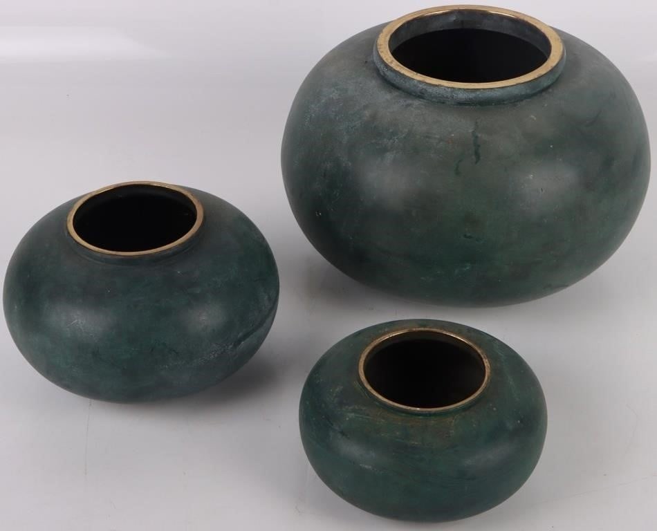 GREEN ENAMELED BRASS THAILAND BOWL SET - LOT OF 3 (1 of 4)