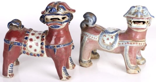 RED & BLUE PORCELAIN ANTIQUE CHINESE FOO DOG PAIR