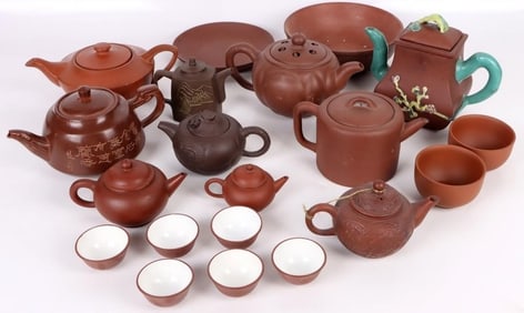 ASIAN RED CLAY TEA SETS & DISHES - LOT OF 19