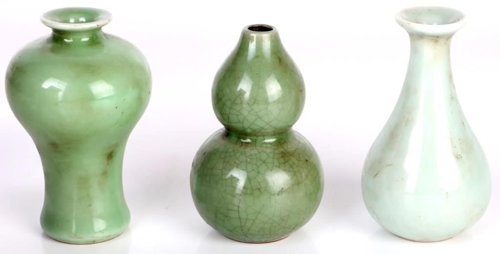 ANTIQUE CHINESE GREEN PORCELAIN MINI VASES - (3) (1 of 2)