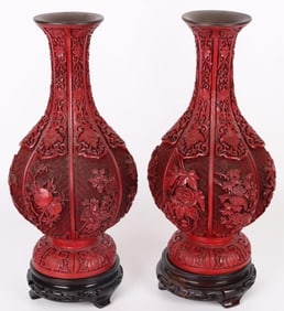 CARVED LARGE CHINESE CINNABAR VASE PAIR