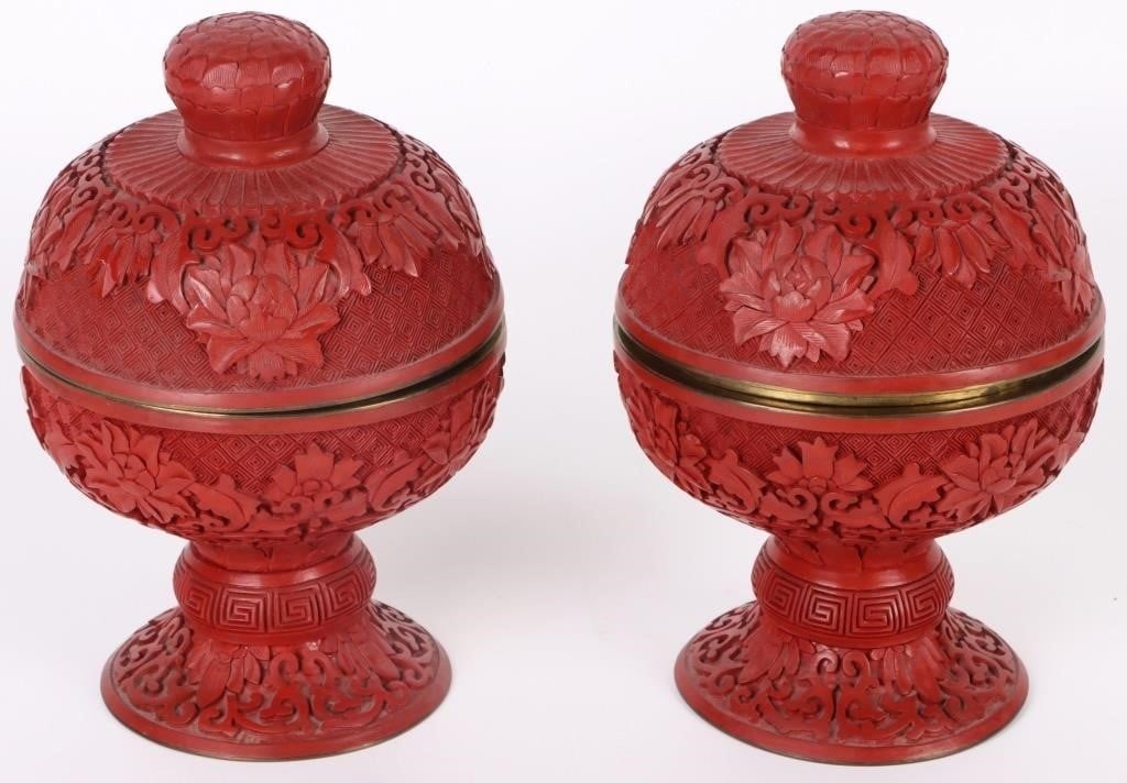 CARVED CHINESE CINNABAR LACQUERED GINGER JAR PAIR (1 of 3)