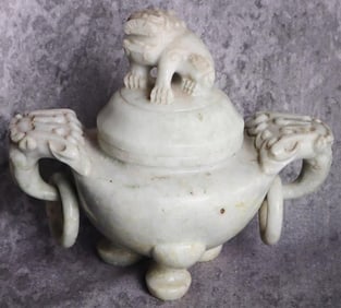 SOLID WHITE JADE ASIAN CARVED INCENSE BURNER