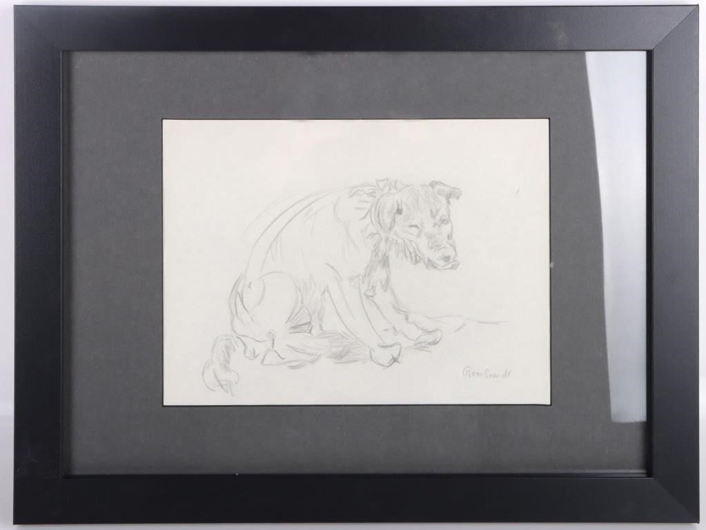 REMBRANDT ORIGINAL DOG SKETCHING IN THE MANNER OF: Rembrandt Harmenszoon van Rijn (1606-1669, Dutch) famous dog sketching/study done in the manner of. This is an original sketching done in the same style and technique as Rembrandt by an unknown artist