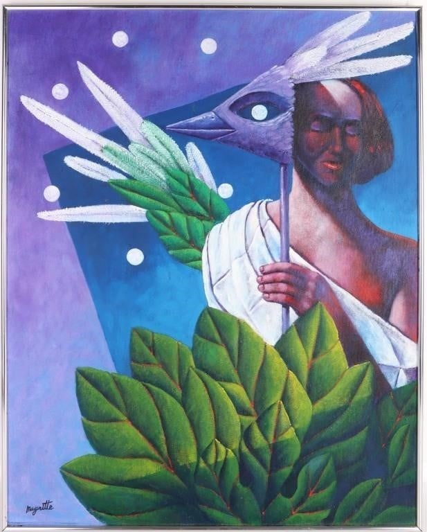 RENE MAGRITTE ORIGINAL SURREALIST PAINTING AFTER: Rene Magritte (1898-1967, Belgian) original acrylic surrealist portrait painting in the manner of, after the time of Magritte. This is an original artwork created by an unknown artist in the same styl