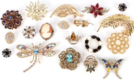 ASSORTED GOLD-TONED LADIES BROOCHES - LOT OF 19