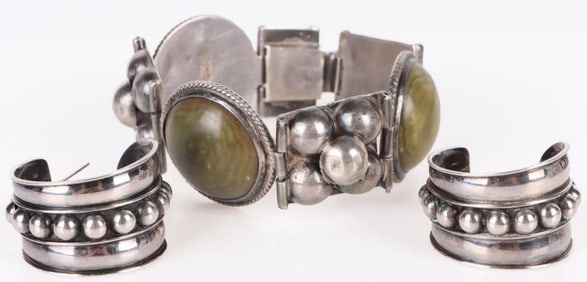 MEXICO STERLING SILVER STONE BRACELET & EARRINGS