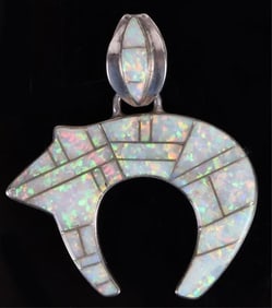 M. Y. STERLING WHITE OPAL ZUNI FETISH PENDANT