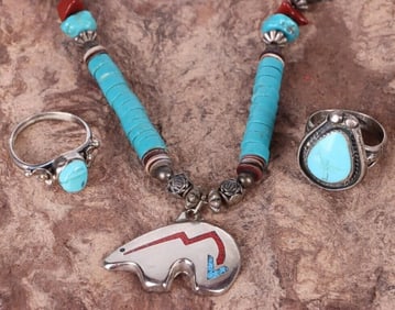 STERLING SILVER TURQUOISE ZUNI FETISH BEAR SET