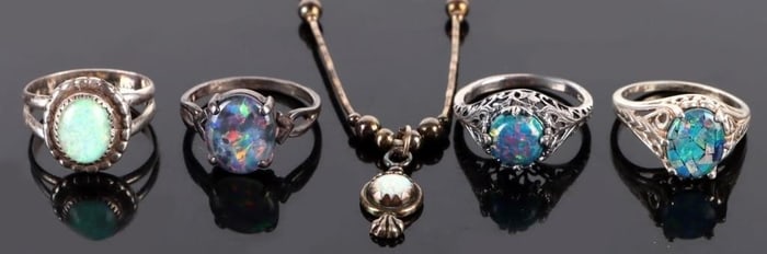 STERLING SILVER OPAL NECKLACE & RINGS - (5)