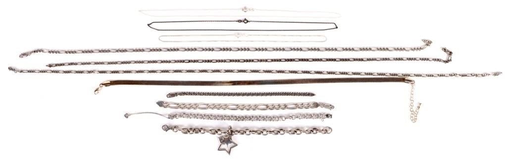 ASSORTED STERLING SILVER NECKLACES & BRACELETS: Assorted sterling silver necklaces and bracelets to include four chain bracelets and seven necklaces.Weight: 110.2 GramsSize: 18.5" lengthCondition: Very fine.