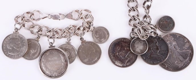 ASSORTED SILVER COIN BRACELET & NECKLACE SET