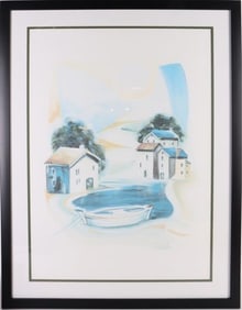ORIGINAL PASTEL ON CANVAS HOUSES ON LAKE PAINTING