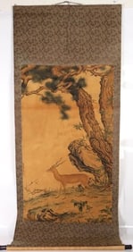 ANTIQUE WATERCOLOR HUAGASHAN PINE & GAZELLE SCROLL
