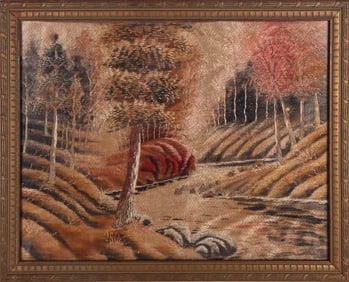 ORIGINAL WOVEN ART DEPICTING A RIVER BEND FRAMED
