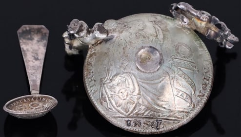 .900 PERUVIAN SILVER COIN SALT DISH & SPOON