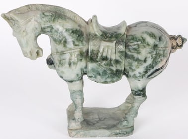 CARVED SPINACH JADE CHINESE HORSE SCULPTURE