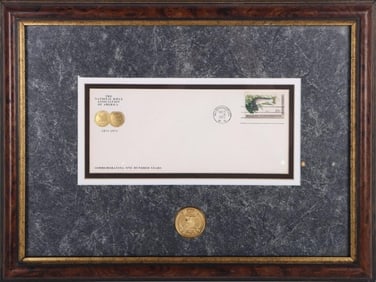 VINTAGE FRAMED 100YR COMMEMORATIVE RIFLE MEDALLION